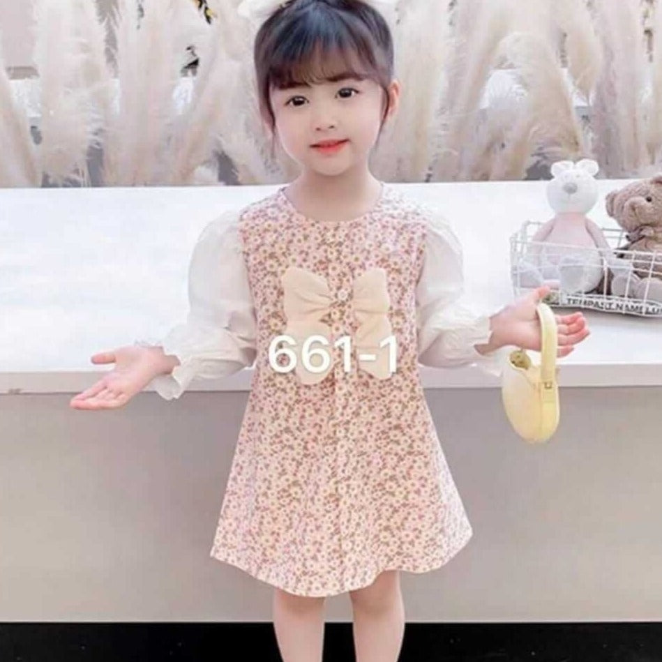 [001418] - Dress Kancing Lengan Panjang Balon Import Anak Perempuan - Motif Middle Flower