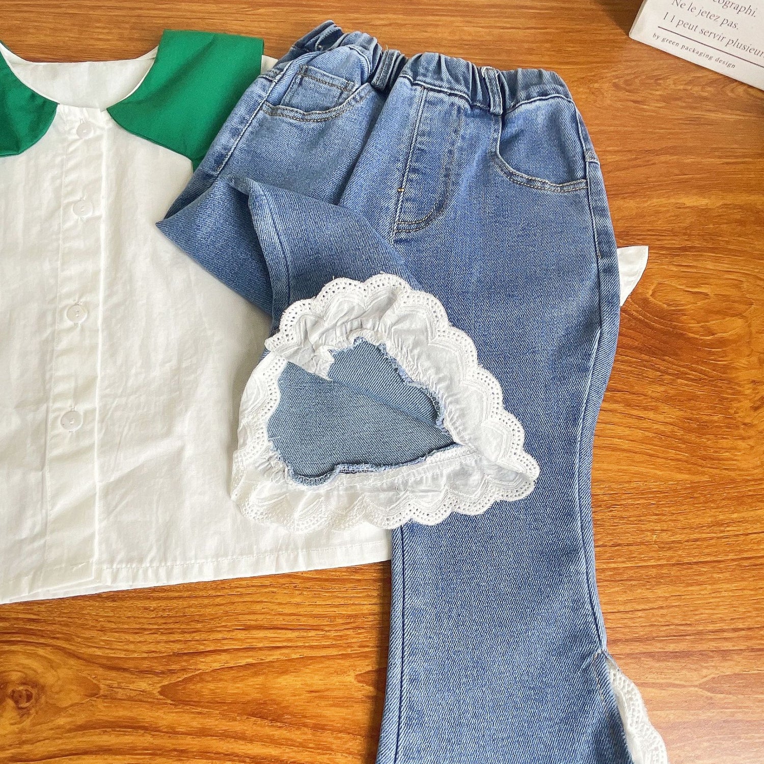 [363586] - Setelan Blouse Celana Panjang Jeans Renda Import Anak Perempuan - Motif Ribbon Girl