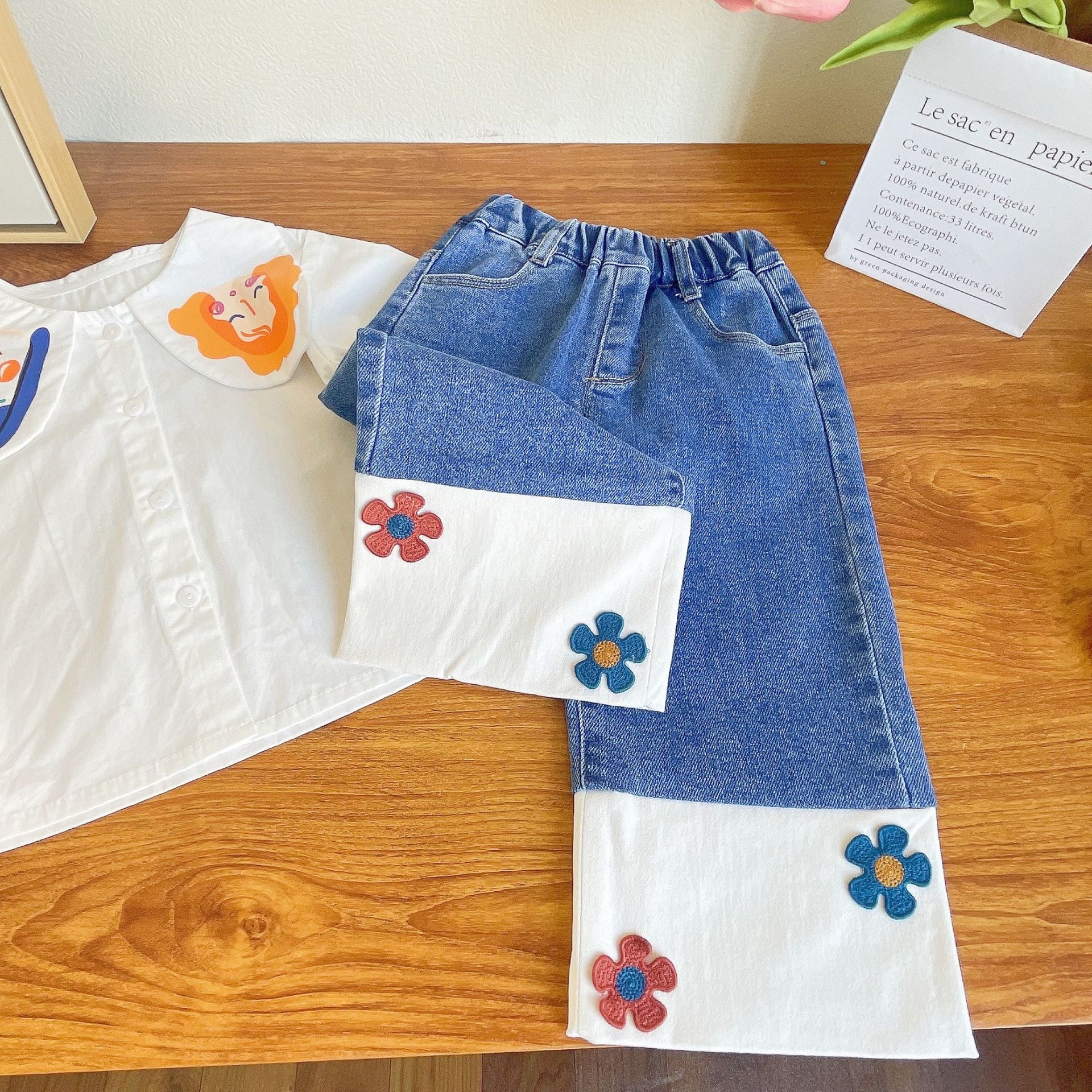 [363595] - Setelan Blouse Celana Panjang Jeans Kulot Import Anak Perempuan - Motif Flower Girl