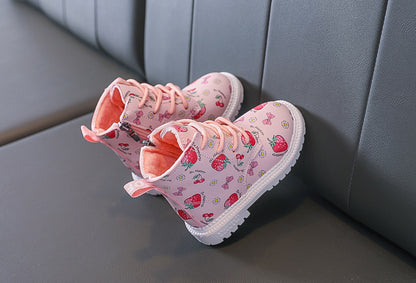 [343259] - Sepatu High Top Sneakers Tali Import Anak Cewek - Motif Strawberry Pattern