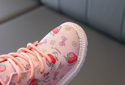 [343259] - Sepatu High Top Sneakers Tali Import Anak Cewek - Motif Strawberry Pattern