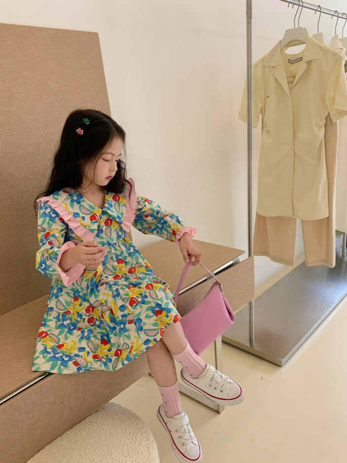 [507691] - Dress Kerah Lengan Panjang Import Anak Perempuan - Motif Fruit Flowers