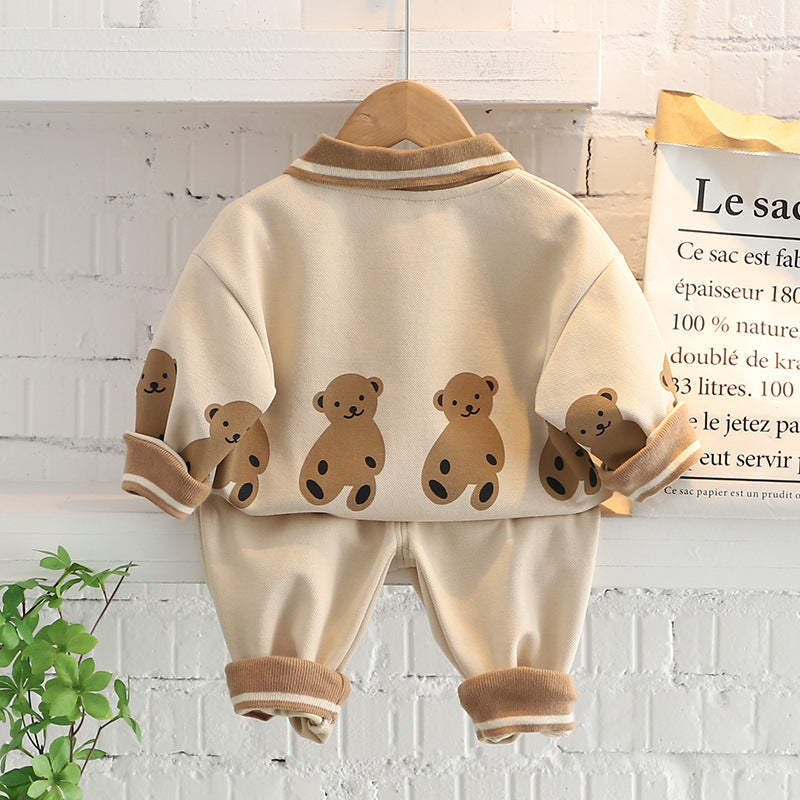 [345358] - Setelan Sweater Polo Kerah Celana Jogger Import Anak Laki-Laki - Motif Bear Row