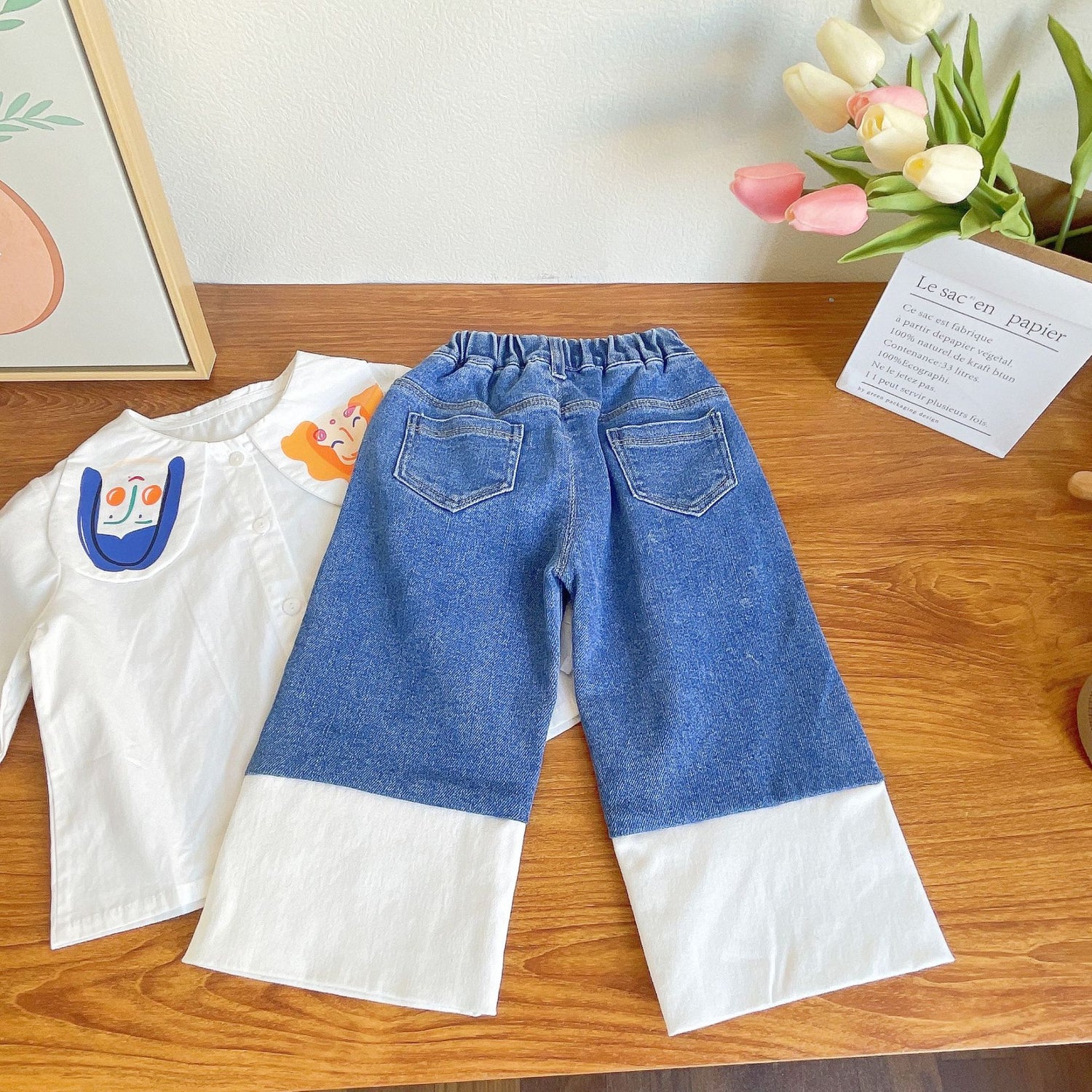 [363595] - Setelan Blouse Celana Panjang Jeans Kulot Import Anak Perempuan - Motif Flower Girl