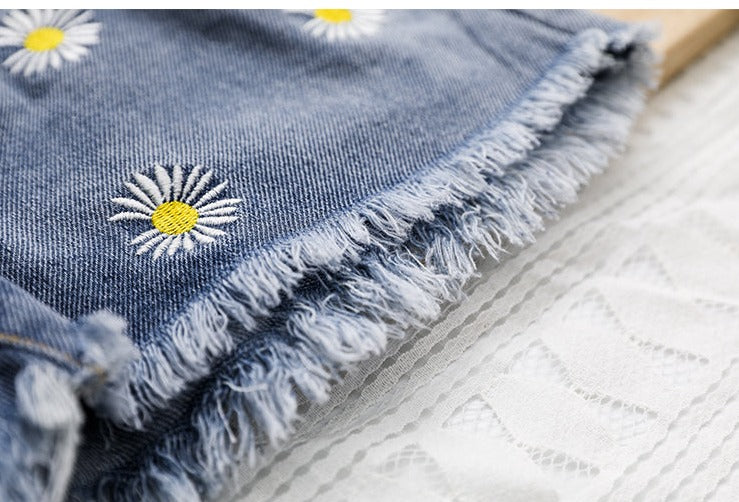 [508204] - Celana Pendek Jeans Rawis Bordir Anak Perempuan - Motif Little Flower