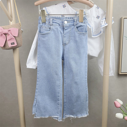 [363580] - Setelan Blouse Bordir Celana Jeans Kulot Rawis Import Anak Perempuan - Motif Knitted Lace