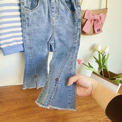 [363604] - Setelan Sweater Blouse Lengan Bolong Jeans Cutbray Import Anak Perempuan - Motif Striped