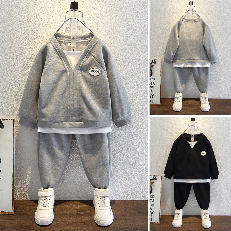 [119358] - Setelan Sweater V Neck Celana Panjang Jogger Import Anak Cowok - Motif Casual Plain