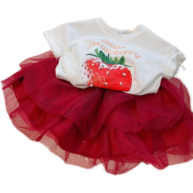 [363488] - Setelan Kaos Pendek Rok Tutu Tile Anak Perempuan - Motif Sweet Strawberry