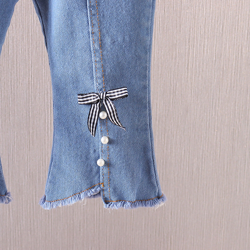 [352355] - Celana Panjang Jeans Cutbray Rawis Import Anak Perempuan - Motif Small Pearl