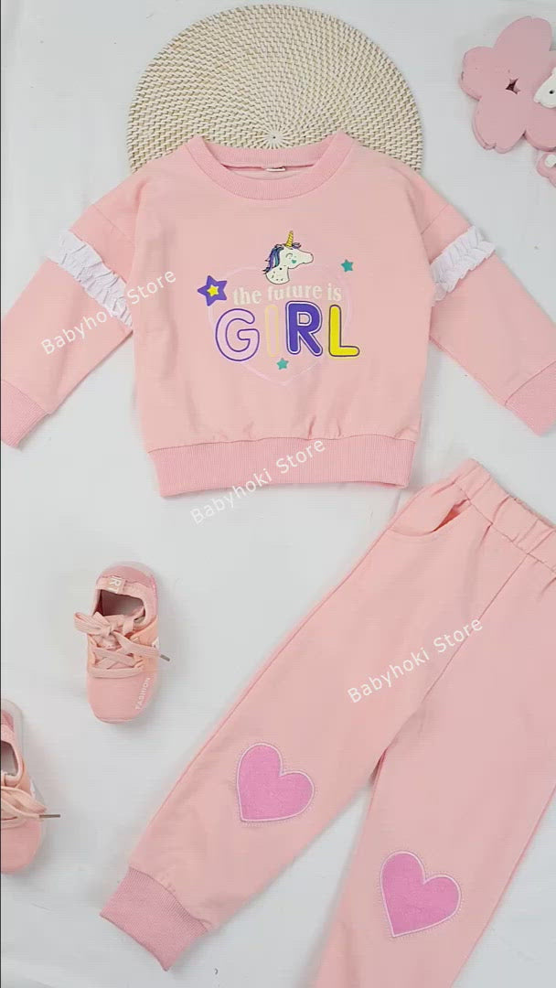 [363266-PINK] - Setelan Sweater Trend Anak Import - Motif Unicorn Girl