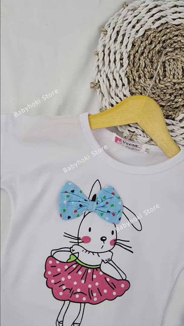 [363286-BLUE] - Setelan Modis Anak Perempuan Import - Motif 3D Ribbon Rabbit